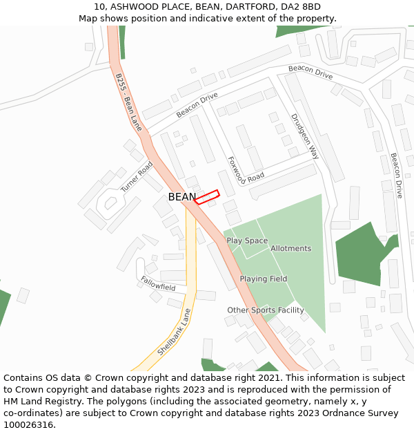 10, ASHWOOD PLACE, BEAN, DARTFORD, DA2 8BD: Location map and indicative extent of plot