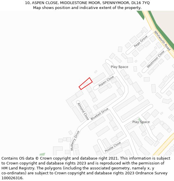 10, ASPEN CLOSE, MIDDLESTONE MOOR, SPENNYMOOR, DL16 7YQ: Location map and indicative extent of plot