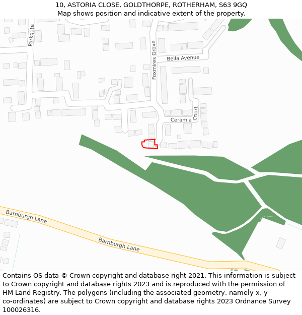 10, ASTORIA CLOSE, GOLDTHORPE, ROTHERHAM, S63 9GQ: Location map and indicative extent of plot