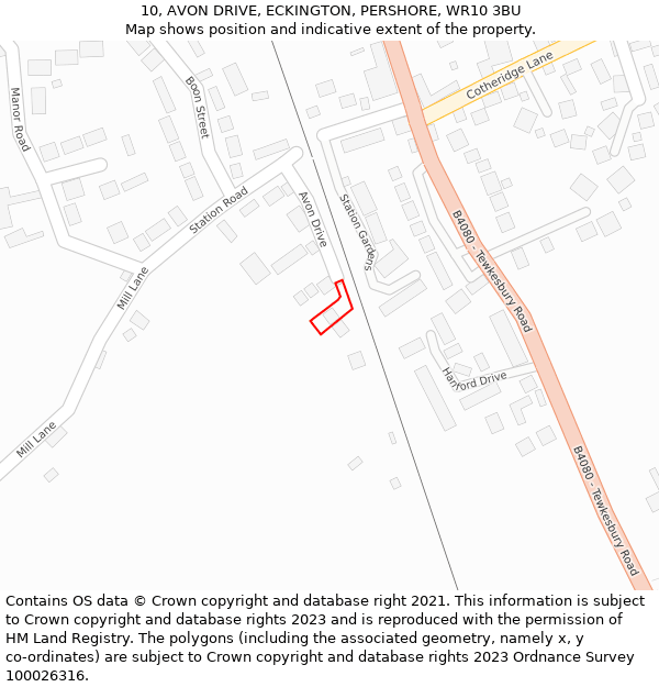 10, AVON DRIVE, ECKINGTON, PERSHORE, WR10 3BU: Location map and indicative extent of plot