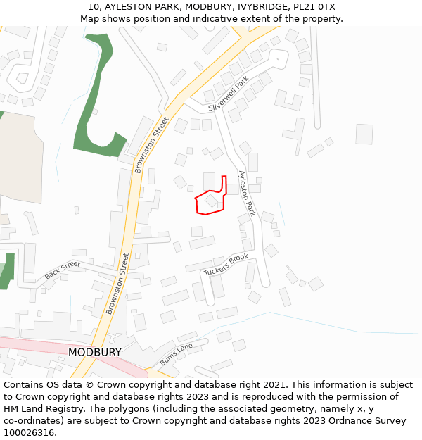 10, AYLESTON PARK, MODBURY, IVYBRIDGE, PL21 0TX: Location map and indicative extent of plot