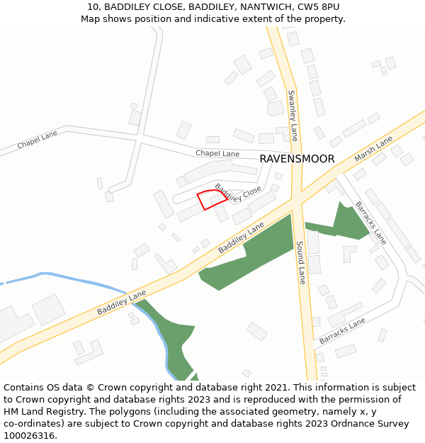 10, BADDILEY CLOSE, BADDILEY, NANTWICH, CW5 8PU: Location map and indicative extent of plot