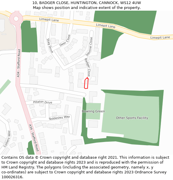10, BADGER CLOSE, HUNTINGTON, CANNOCK, WS12 4UW: Location map and indicative extent of plot