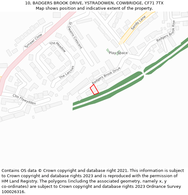 10, BADGERS BROOK DRIVE, YSTRADOWEN, COWBRIDGE, CF71 7TX: Location map and indicative extent of plot