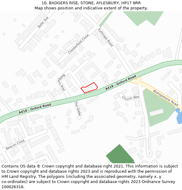 10, BADGERS RISE, STONE, AYLESBURY, HP17 8RR: Location map and indicative extent of plot