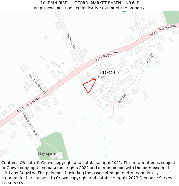 10, BAIN RISE, LUDFORD, MARKET RASEN, LN8 6LF: Location map and indicative extent of plot