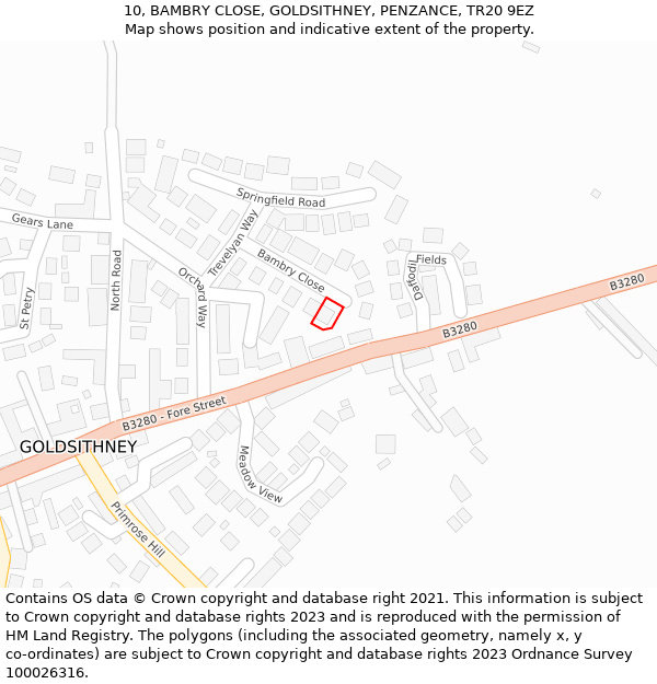 10, BAMBRY CLOSE, GOLDSITHNEY, PENZANCE, TR20 9EZ: Location map and indicative extent of plot