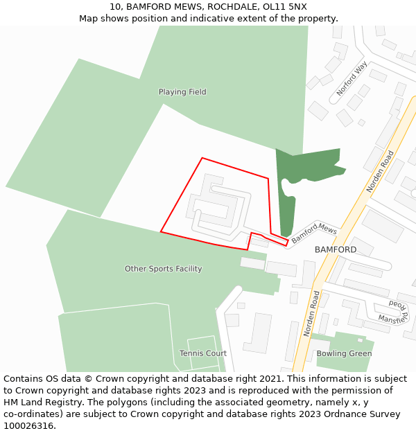 10, BAMFORD MEWS, ROCHDALE, OL11 5NX: Location map and indicative extent of plot