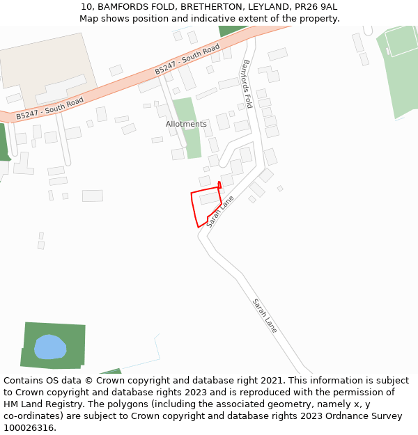 10, BAMFORDS FOLD, BRETHERTON, LEYLAND, PR26 9AL: Location map and indicative extent of plot