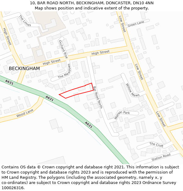 10, BAR ROAD NORTH, BECKINGHAM, DONCASTER, DN10 4NN: Location map and indicative extent of plot