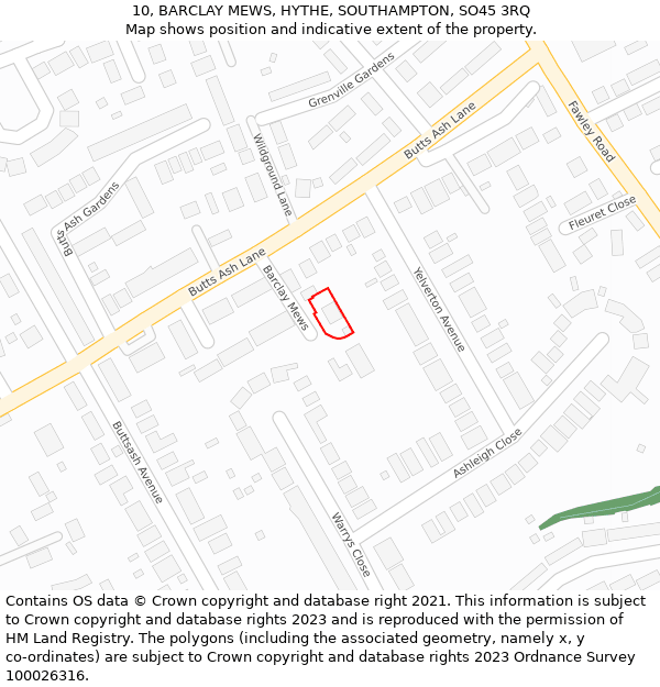 10, BARCLAY MEWS, HYTHE, SOUTHAMPTON, SO45 3RQ: Location map and indicative extent of plot