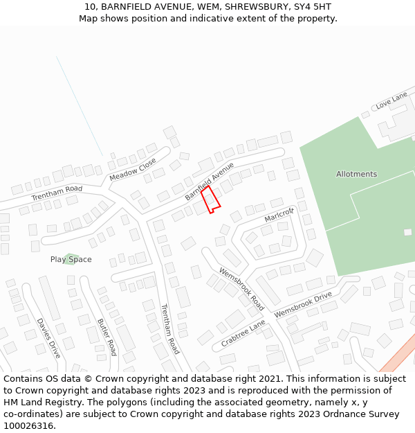 10, BARNFIELD AVENUE, WEM, SHREWSBURY, SY4 5HT: Location map and indicative extent of plot