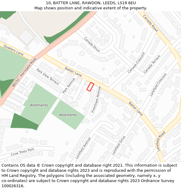 10, BATTER LANE, RAWDON, LEEDS, LS19 6EU: Location map and indicative extent of plot