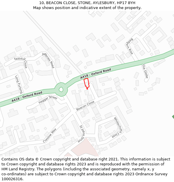 10, BEACON CLOSE, STONE, AYLESBURY, HP17 8YH: Location map and indicative extent of plot