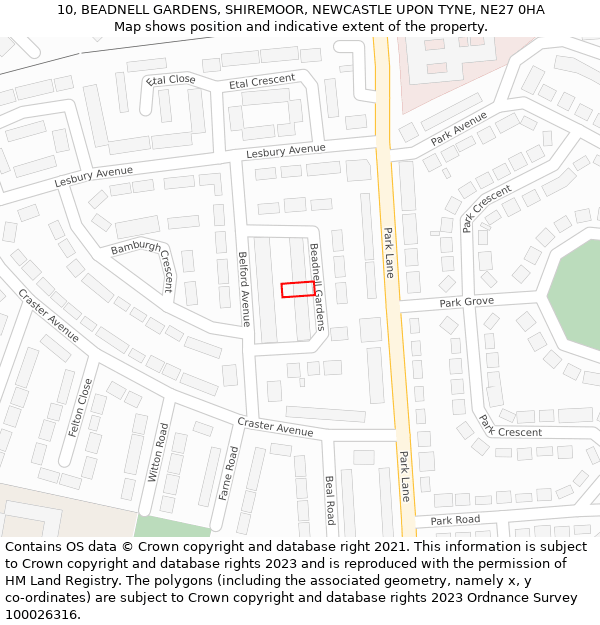 10, BEADNELL GARDENS, SHIREMOOR, NEWCASTLE UPON TYNE, NE27 0HA: Location map and indicative extent of plot