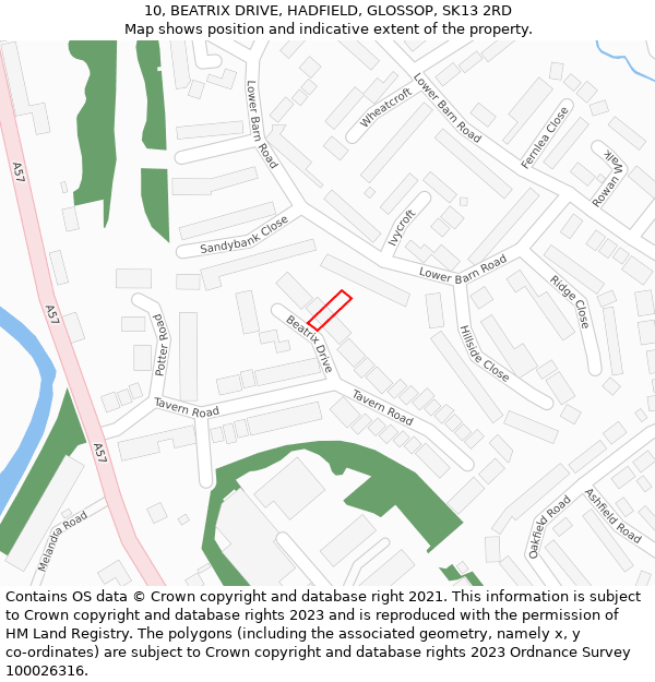 10, BEATRIX DRIVE, HADFIELD, GLOSSOP, SK13 2RD: Location map and indicative extent of plot