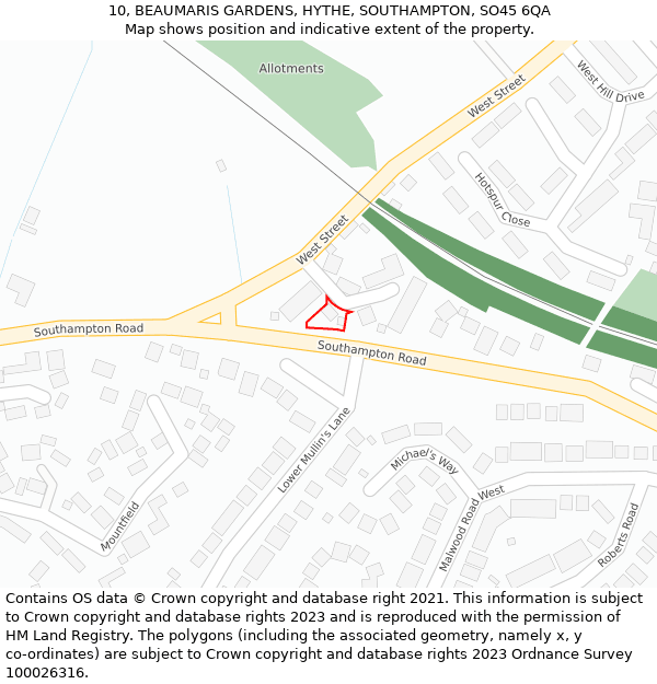 10, BEAUMARIS GARDENS, HYTHE, SOUTHAMPTON, SO45 6QA: Location map and indicative extent of plot