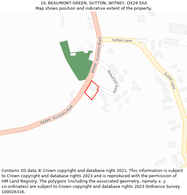 10, BEAUMONT GREEN, SUTTON, WITNEY, OX29 5AA: Location map and indicative extent of plot