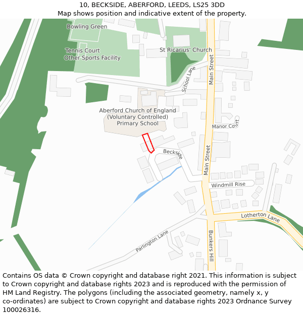 10, BECKSIDE, ABERFORD, LEEDS, LS25 3DD: Location map and indicative extent of plot