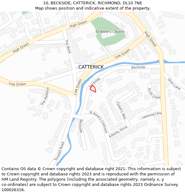 10, BECKSIDE, CATTERICK, RICHMOND, DL10 7NE: Location map and indicative extent of plot