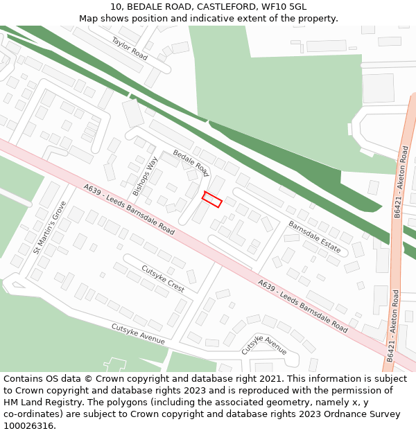 10, BEDALE ROAD, CASTLEFORD, WF10 5GL: Location map and indicative extent of plot