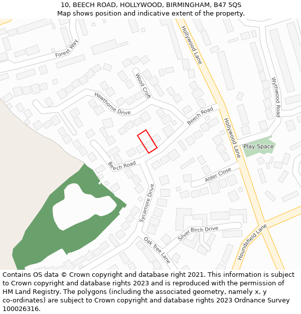 10, BEECH ROAD, HOLLYWOOD, BIRMINGHAM, B47 5QS: Location map and indicative extent of plot