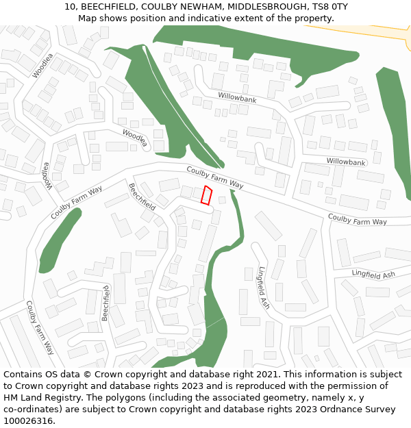 10, BEECHFIELD, COULBY NEWHAM, MIDDLESBROUGH, TS8 0TY: Location map and indicative extent of plot