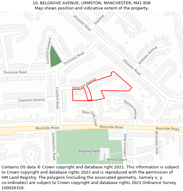 10, BELGRAVE AVENUE, URMSTON, MANCHESTER, M41 8SR: Location map and indicative extent of plot