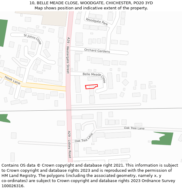 10, BELLE MEADE CLOSE, WOODGATE, CHICHESTER, PO20 3YD: Location map and indicative extent of plot