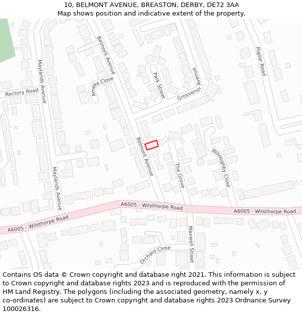 10, BELMONT AVENUE, BREASTON, DERBY, DE72 3AA: Location map and indicative extent of plot