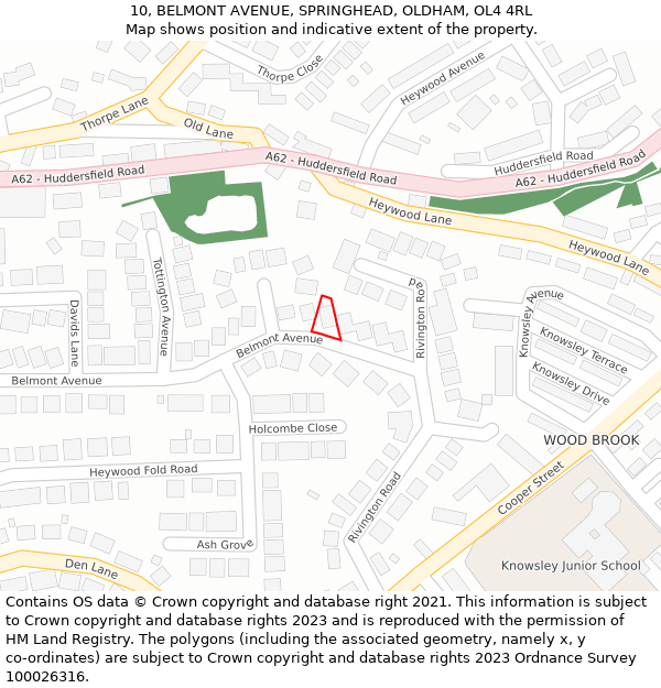 10, BELMONT AVENUE, SPRINGHEAD, OLDHAM, OL4 4RL: Location map and indicative extent of plot
