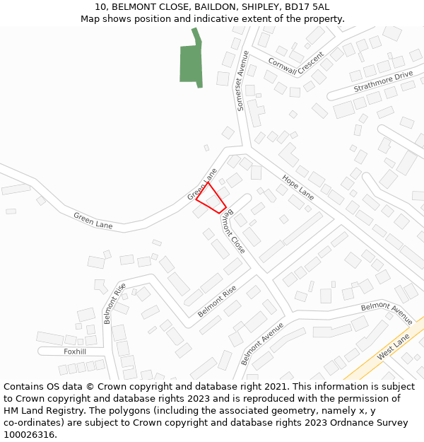 10, BELMONT CLOSE, BAILDON, SHIPLEY, BD17 5AL: Location map and indicative extent of plot