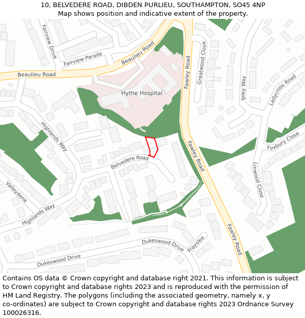 10, BELVEDERE ROAD, DIBDEN PURLIEU, SOUTHAMPTON, SO45 4NP: Location map and indicative extent of plot