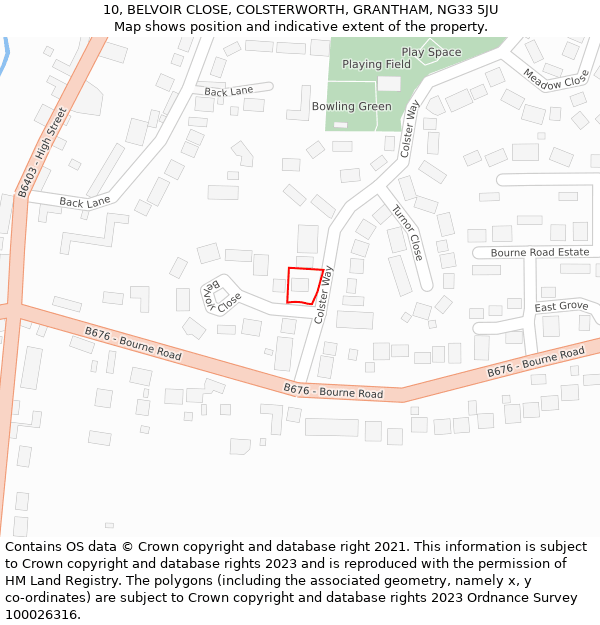 10, BELVOIR CLOSE, COLSTERWORTH, GRANTHAM, NG33 5JU: Location map and indicative extent of plot