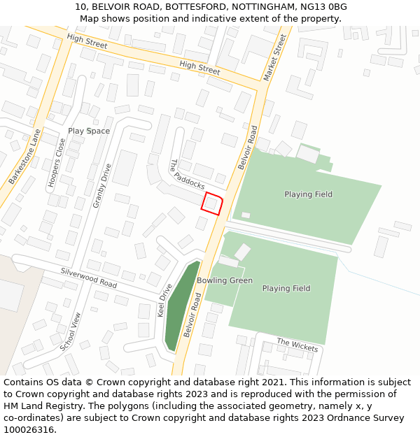 10, BELVOIR ROAD, BOTTESFORD, NOTTINGHAM, NG13 0BG: Location map and indicative extent of plot
