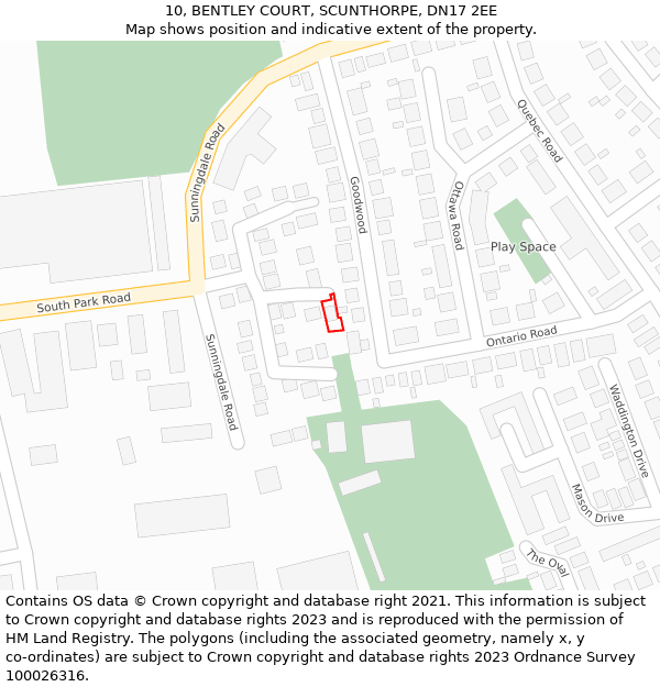 10, BENTLEY COURT, SCUNTHORPE, DN17 2EE: Location map and indicative extent of plot