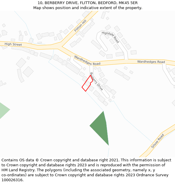 10, BERBERRY DRIVE, FLITTON, BEDFORD, MK45 5ER: Location map and indicative extent of plot