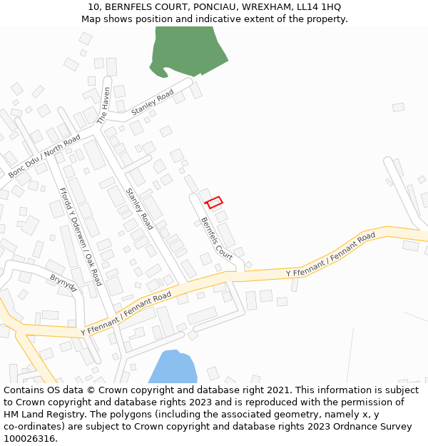 10, BERNFELS COURT, PONCIAU, WREXHAM, LL14 1HQ: Location map and indicative extent of plot