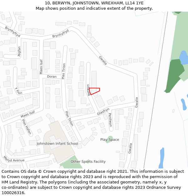 10, BERWYN, JOHNSTOWN, WREXHAM, LL14 1YE: Location map and indicative extent of plot