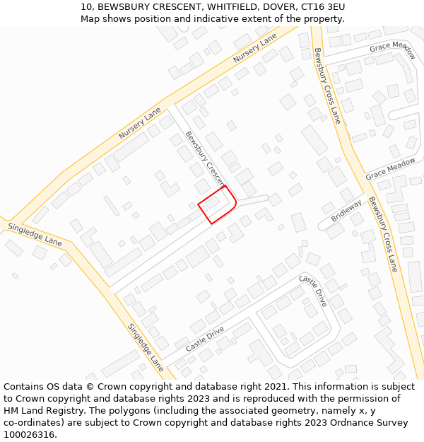 10, BEWSBURY CRESCENT, WHITFIELD, DOVER, CT16 3EU: Location map and indicative extent of plot