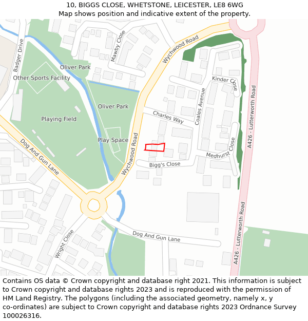 10, BIGGS CLOSE, WHETSTONE, LEICESTER, LE8 6WG: Location map and indicative extent of plot