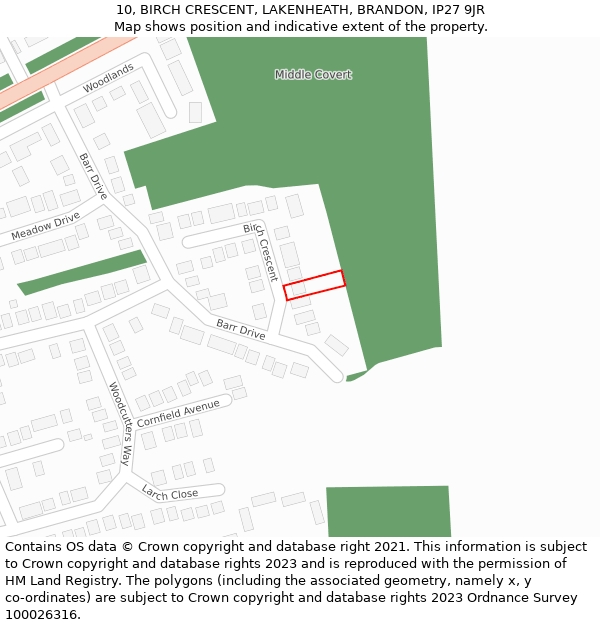10, BIRCH CRESCENT, LAKENHEATH, BRANDON, IP27 9JR: Location map and indicative extent of plot