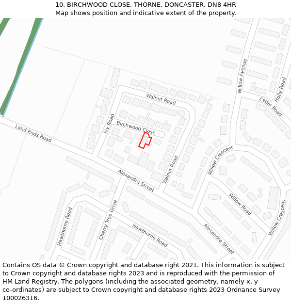 10, BIRCHWOOD CLOSE, THORNE, DONCASTER, DN8 4HR: Location map and indicative extent of plot