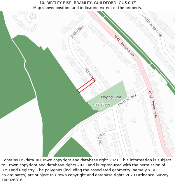 10, BIRTLEY RISE, BRAMLEY, GUILDFORD, GU5 0HZ: Location map and indicative extent of plot