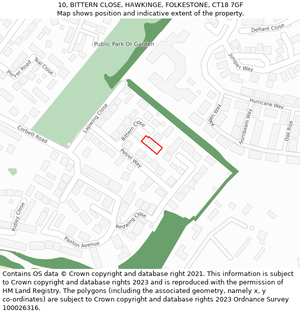 10, BITTERN CLOSE, HAWKINGE, FOLKESTONE, CT18 7GF: Location map and indicative extent of plot