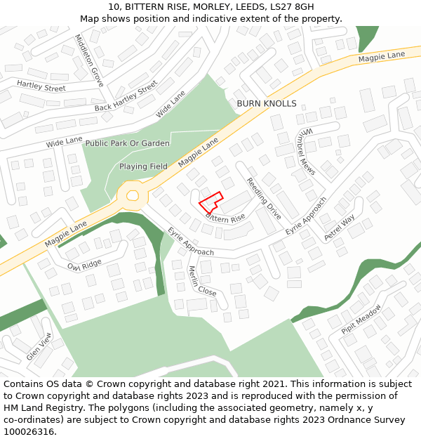 10, BITTERN RISE, MORLEY, LEEDS, LS27 8GH: Location map and indicative extent of plot