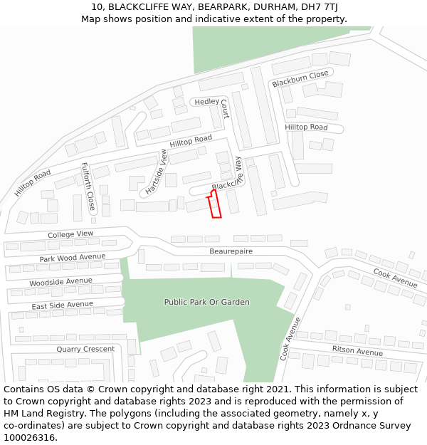 10, BLACKCLIFFE WAY, BEARPARK, DURHAM, DH7 7TJ: Location map and indicative extent of plot