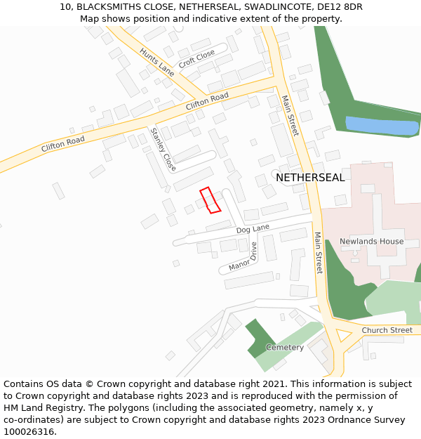 10, BLACKSMITHS CLOSE, NETHERSEAL, SWADLINCOTE, DE12 8DR: Location map and indicative extent of plot