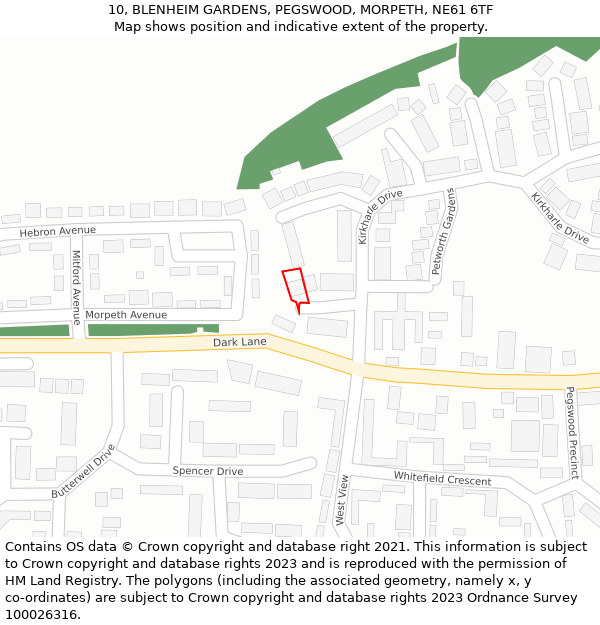 10, BLENHEIM GARDENS, PEGSWOOD, MORPETH, NE61 6TF: Location map and indicative extent of plot