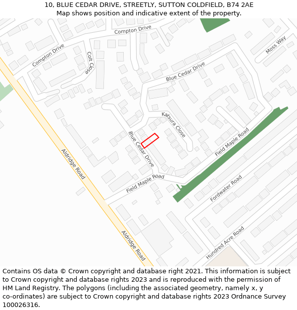 10, BLUE CEDAR DRIVE, STREETLY, SUTTON COLDFIELD, B74 2AE: Location map and indicative extent of plot